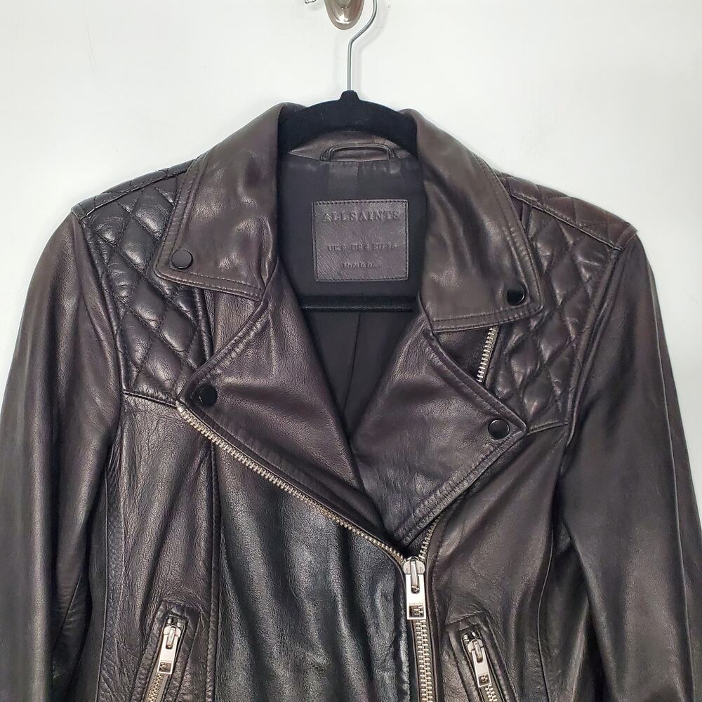 AllSaints Conroy Quilted Leather Zip Biker Jacket Black Asymmetric Size US 4 - Picture 6 of 11